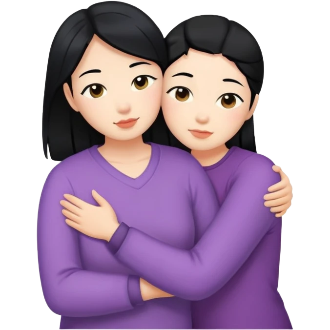 Lesbians, one Asian and one european with black hair, cuddling  emoji