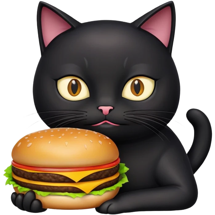Black cat holding a cheeseburger looking smug emoji