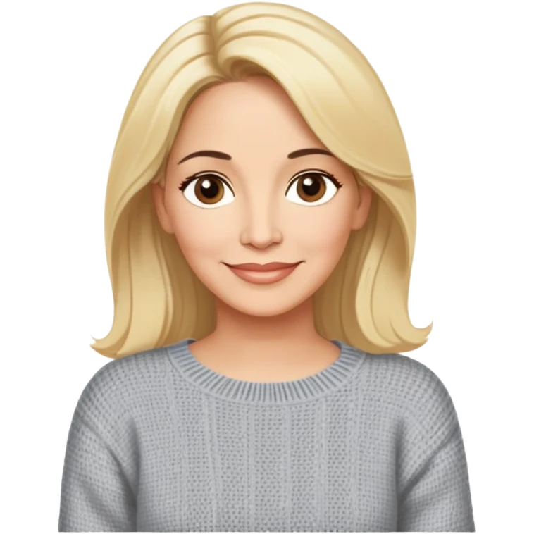 Linette Torres, 50-something Puerto Rican actress with fair complexion, extremely kind-hearted expression, bright caring eyes, soft motherly smile, blonde hair with relaxed styling, wearing a comfortable casual sweater emoji