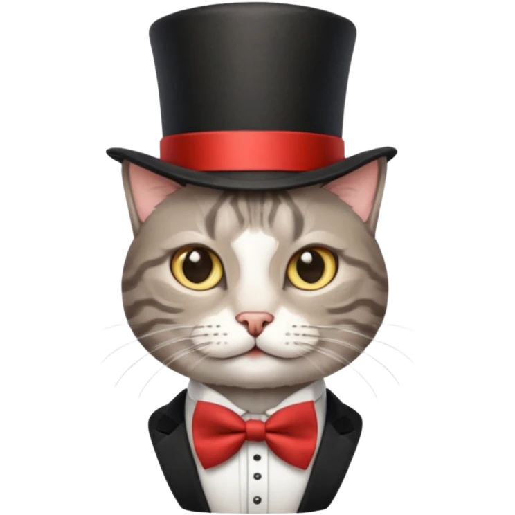 Grey tabby cat in top hat and bow tie emoji