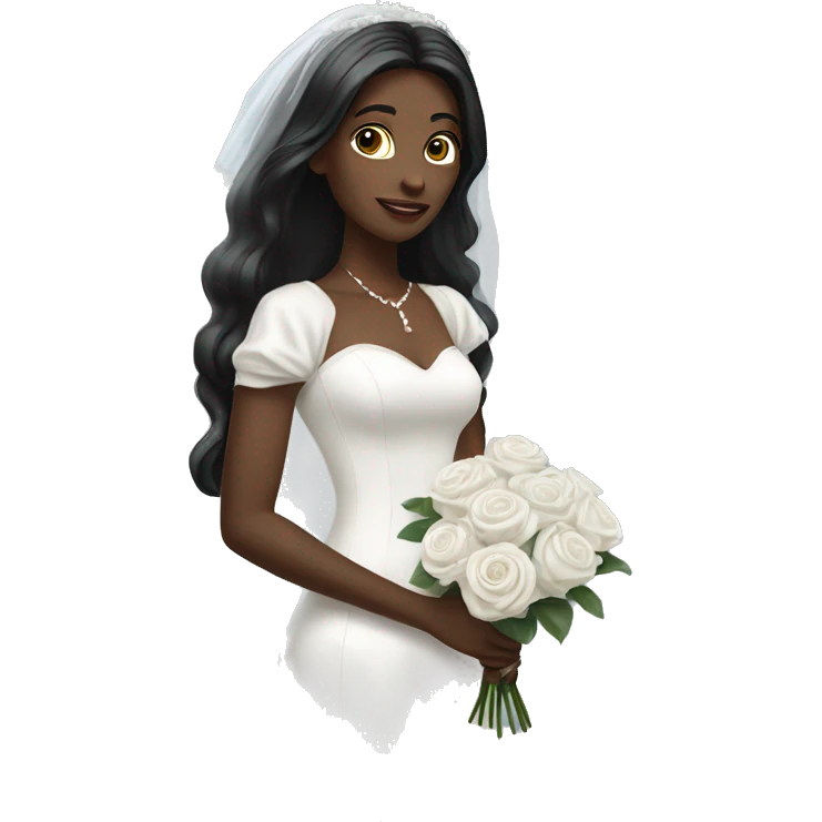 White bride with black long hair and  with long white Dress and long white veil and white roses bouquet in hands   emoji