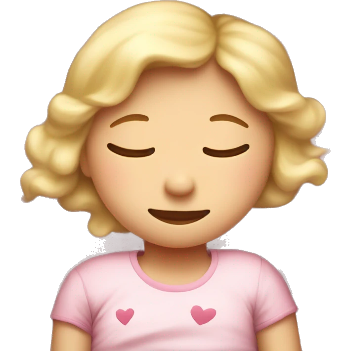 A blond girl sleeping in a bed, the bed sheets have pink really tiny hearts  emoji
