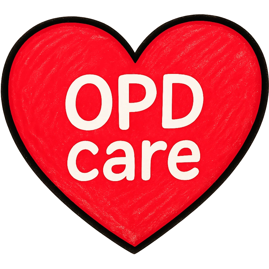 bold red heart shape, 'OPD care' written in the center in white, modern style emoji