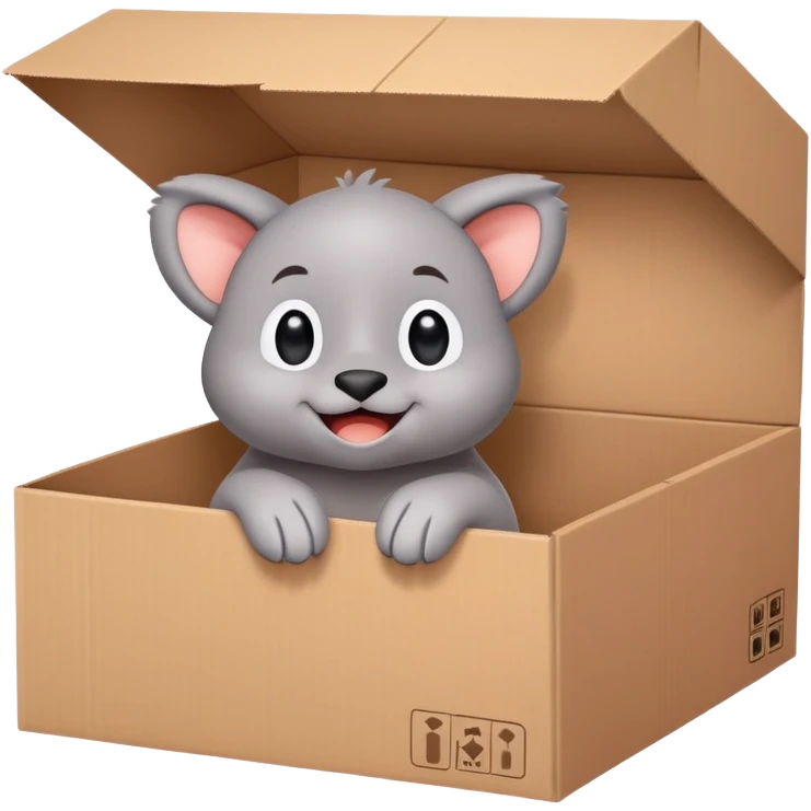  A very cute gery young happy Kapibala with one's head tilted to one side poked its paws out of the cardboard big box and placed them on top of it emoji