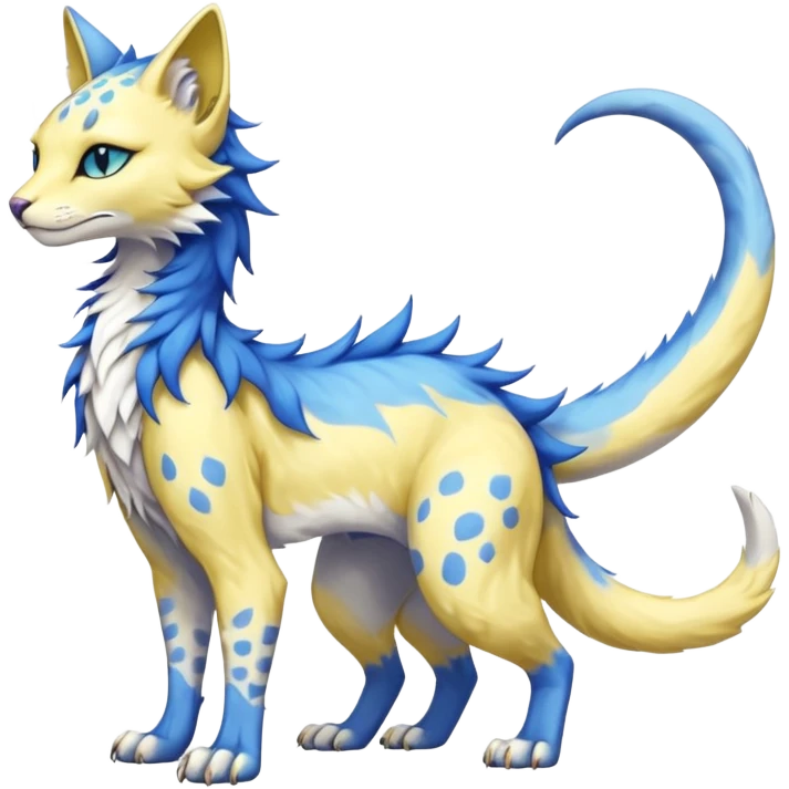 Kawaii yellow and blue beautiful pretty elegant divine edgy fantasy feline-vernid-sergal-fursona animal creature with a tufted tail full body with intricate markings  emoji