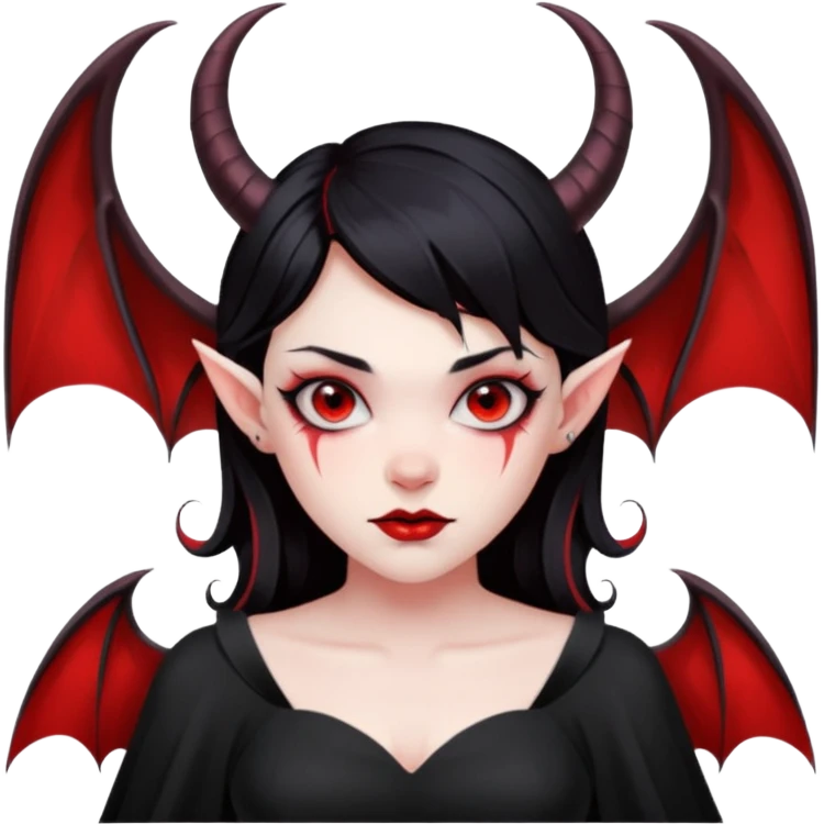 Demon girl, entire skin solid red, black hair, horns, bat wing, black dress, tattoo-flash comic. emoji