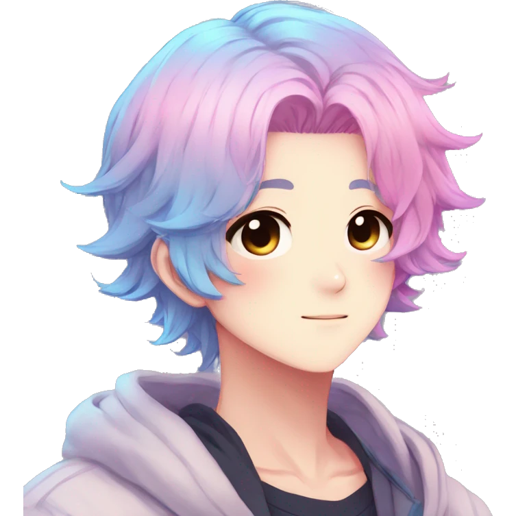 Gorgeous anime style shojo dude with blushing face aesthetic and pretty colorful shiny gradient pastel hair trending style emoji