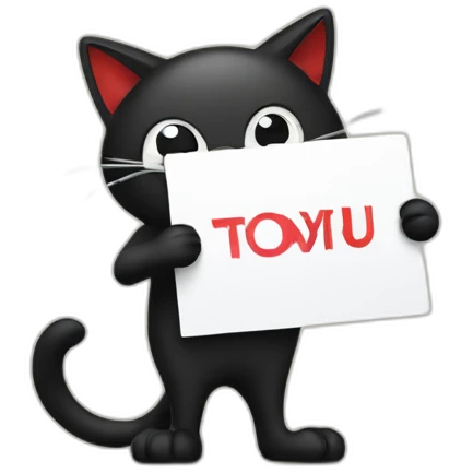 black and red cat holding a sign with text emoji