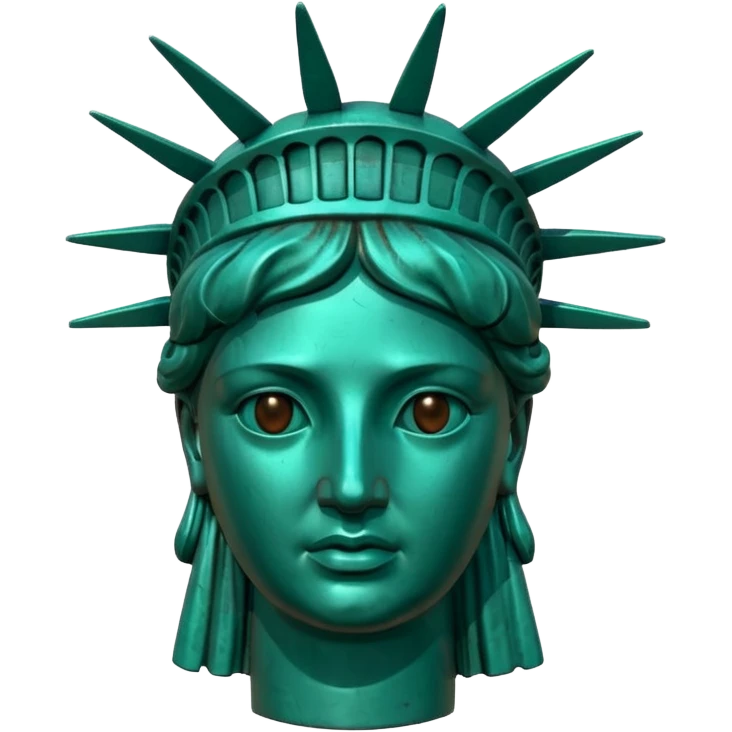 3D render of Statue of Liberty Head, heavily oxidized copper texture, verdigris patina, Classic teal copper texture, weathered bronze aesthetic, ancient decay, Apple emoji style, isolated on white background --v 6.0. emoji