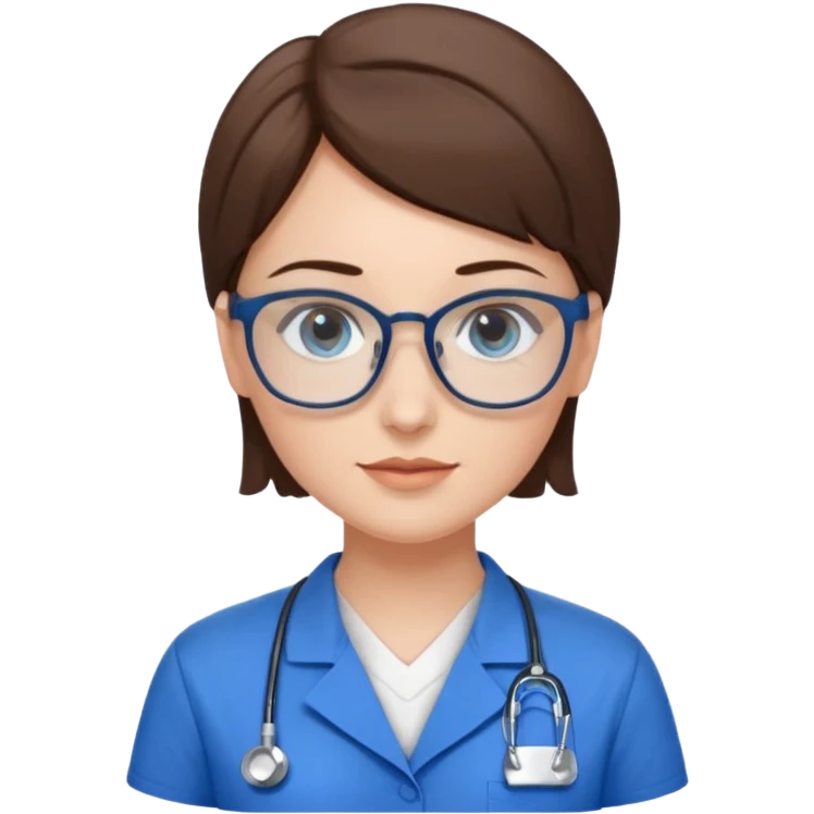 Blue eyes short brown hair with glasses woman in care assistant blue uniform emoji