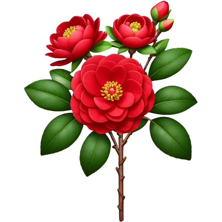 bouquet Red Camellia, luxuriant, stem, leaf, bud emoji