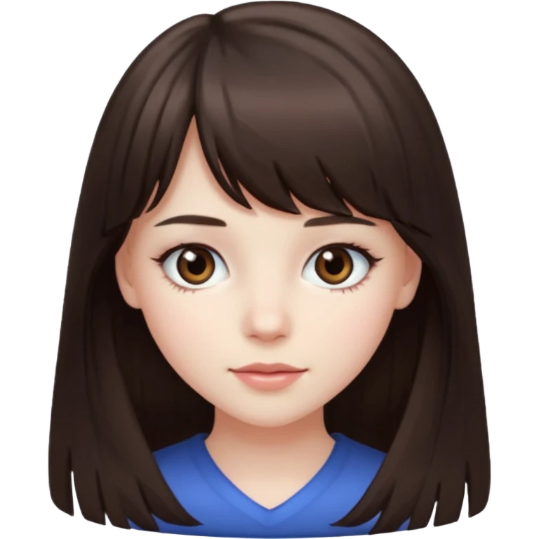 brunette girl with dark brown eyes, pale rosy skin, long hair and wispy bangs emoji