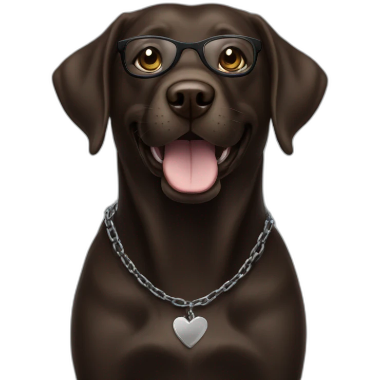 dark brown labrador, smiling, with glasses, and a chain saying "Sam" emoji