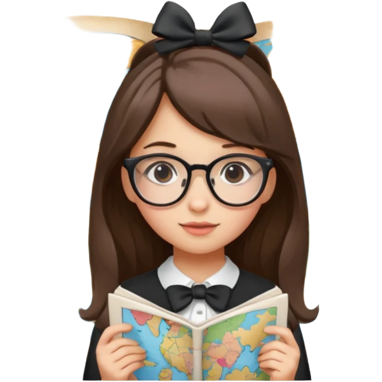 cute girl tomato wearing glasses and hair bow, looking at a map emoji