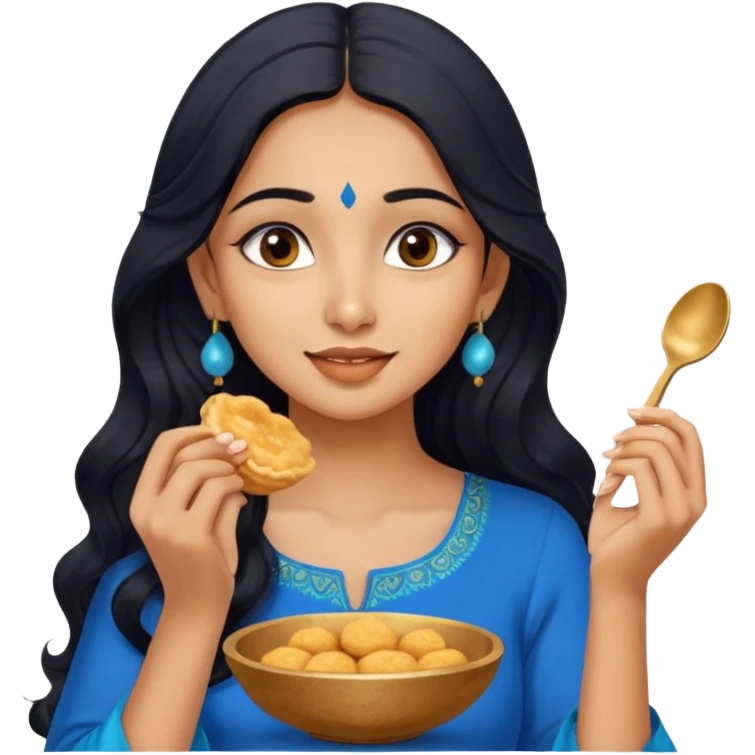 a pretty tan indian bratz girl with wavy long BLACK hair. eyeliner on, wearing a blue kurti, eating golgappa (without spoon) emoji