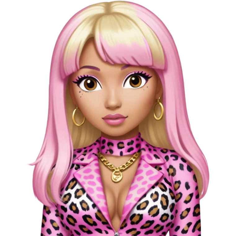 Nicki Minaj in pink and white leopard print outfit with half blonde half pink hair, blonde on left side, pink on right side, with bangs emoji