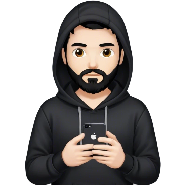 hackeur blanc cheveux noir barbe et capuche noir avec un iphone emoji