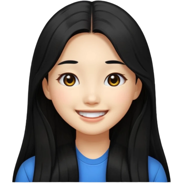 Korean girl with long black hair, black eyes, smiling, emoji style emoji