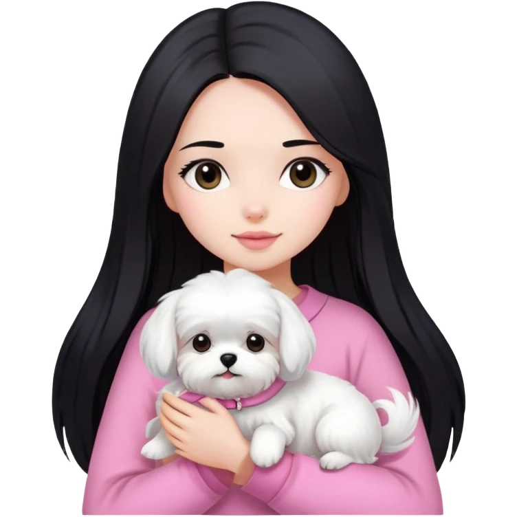 Beautiful girl with long straight black hair, fair skin, wearing pink clothes, holding a pure white fluffy Maltese dog emoji