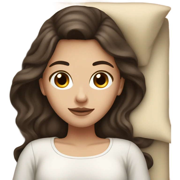white girl with long dark brown hair in a bed with beige comforter emoji