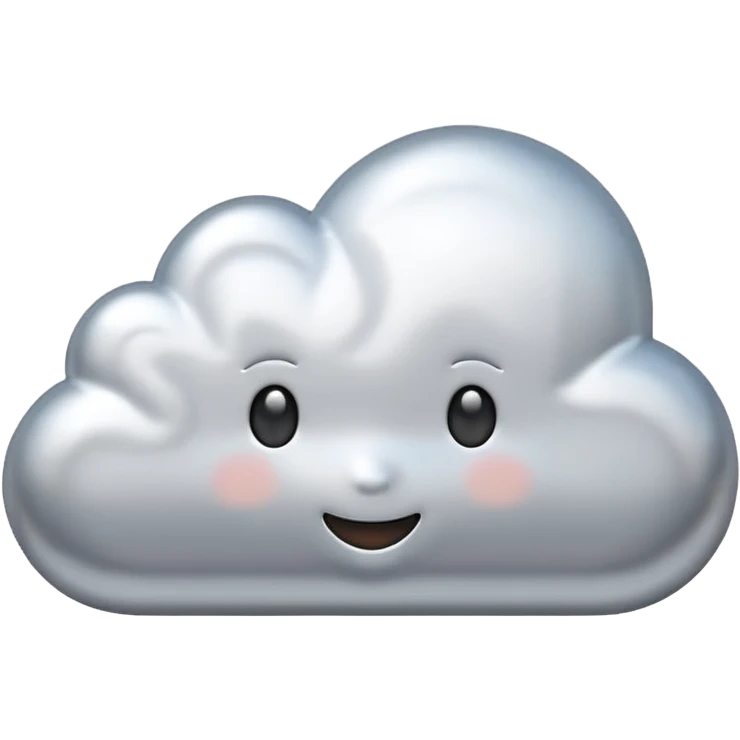 A cute cloud emoji made of silver chrome, smooth rounded shape, glossy metallic surface, soft reflections, minimal and friendly design, iOS emoji style, centered, clean white background, soft lighting emoji