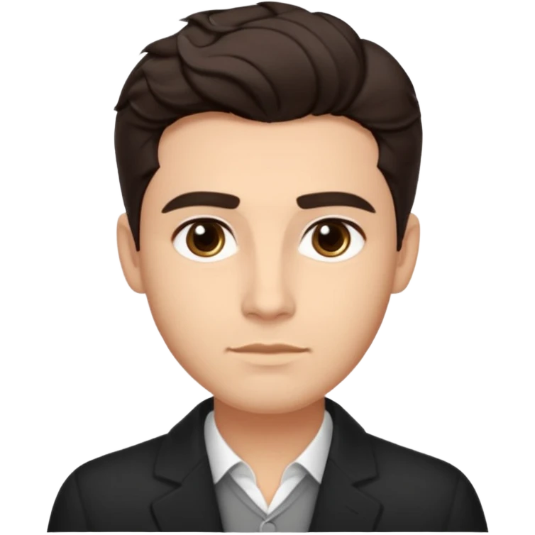 He’s a man with light to medium skin, a defined oval face, full brows, deep-set eyes, and wavy short dark brown hair styled with height, sides are trimmed. expression calm and focused relaxed black open-collar .polished, articulate, and coach vibe. emoji
