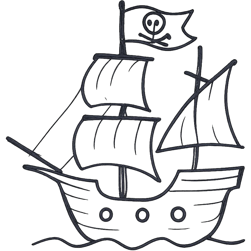 pirate ship, hand drawn icon style, sketchy black lines, no fill, no text emoji