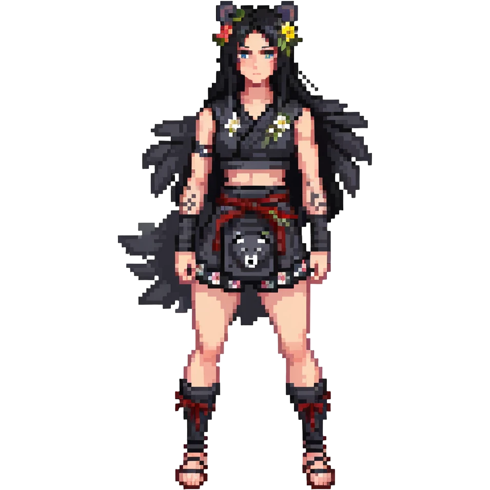 gothic female fighter with long flowing black hair, sharp intense eyes, small black bear ears, sleeveless black ritual robe top, gray combat shorts with dark floral pattern emoji