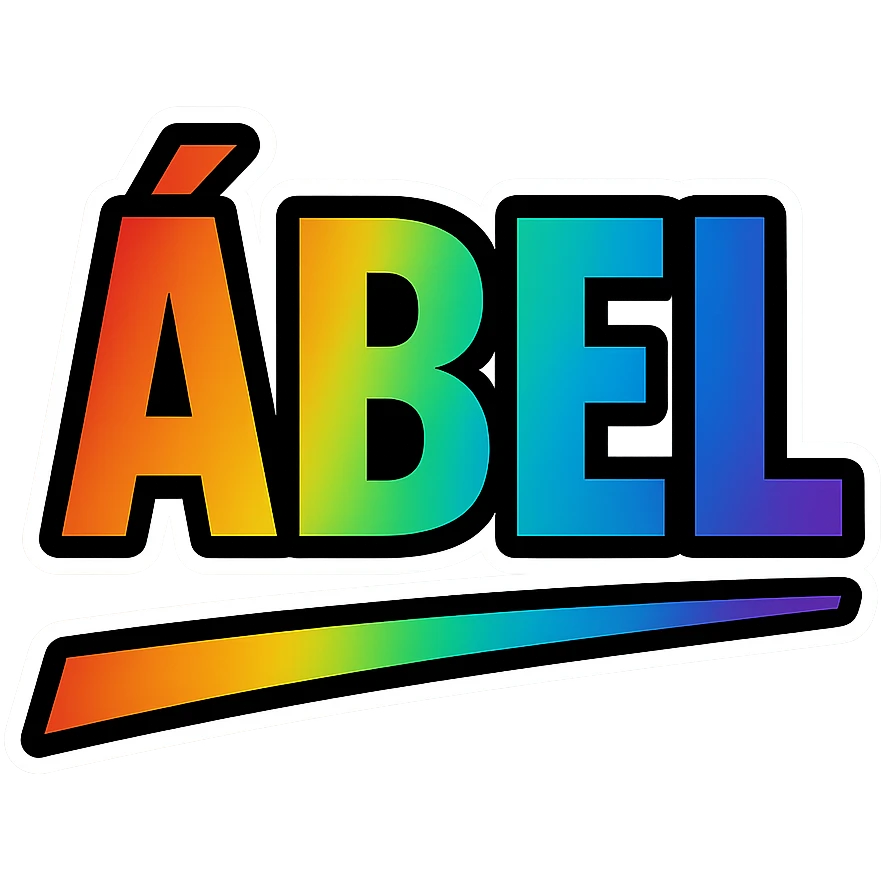Ábel name in masculine, modern gradient font with precise Hungarian characters, dark outline, extra thick, prominent white letter border, dynamic slanted underline, rainbow gradient colors, 1000x1000 px, PNG, transparent background emoji