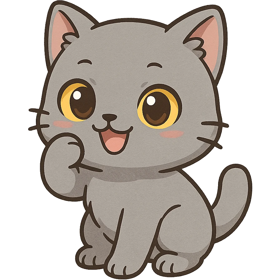 grey British Shorthair cat with yellow eyes, playful expression, chibi style emoji