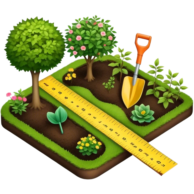 Icon for Landscape Design: a garden layout with plants, trees, paths, and design tools like a spade, pencil and measuring tape. The icon should represent creativity in outdoor space planning and gardening. Transparent background. emoji