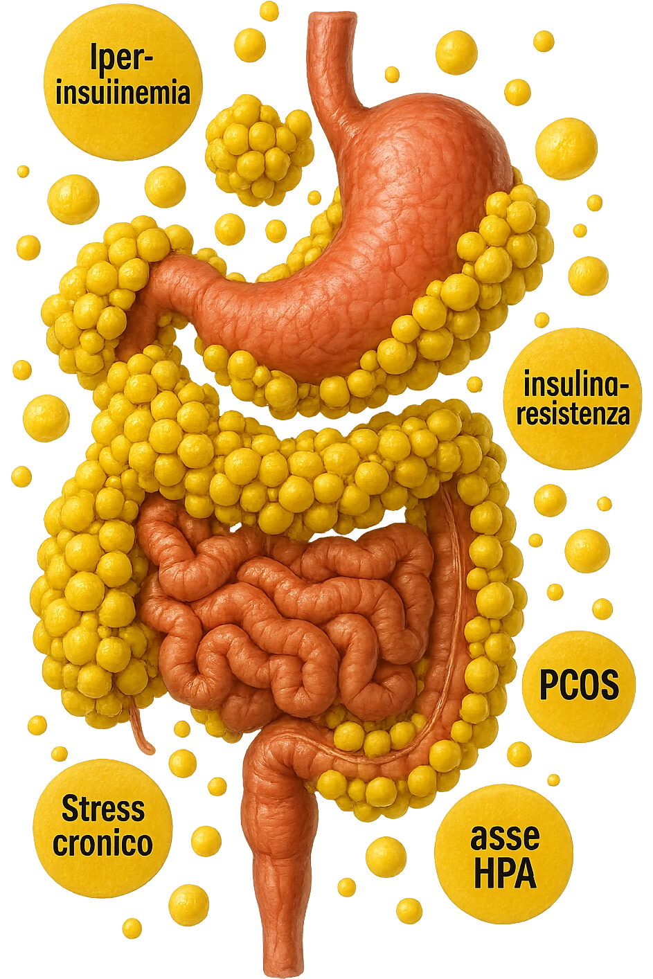 STOMACO E INTESTINO SONO VERTICALMENTE COLLEGATI E INTORNO A QUESTI ORGANI CI SONO CELLULE DI GRASSO GIALLE ATTACCATE SOPRA A GRAPPOLI, intorno fluttuano cellule di grasso giallo e alcune targhette con queste parole "Iperinsulinemia", "insulino-resistenza", "PCOS", "Stress cronico", "asse HPA", FALLO REALISTICO, NON DISEGNATO, IPERREALISTICO 4K emoji