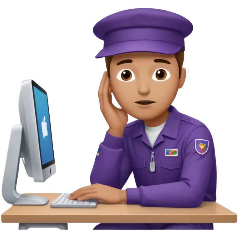 emoji of a man sitting at the table with an imac on it, a man is sitting in a very thoughtful pose, he has his hands on the table and his head resting on themб he look into the screen of imac, he is dressed in FedEx uniform with a cap emoji