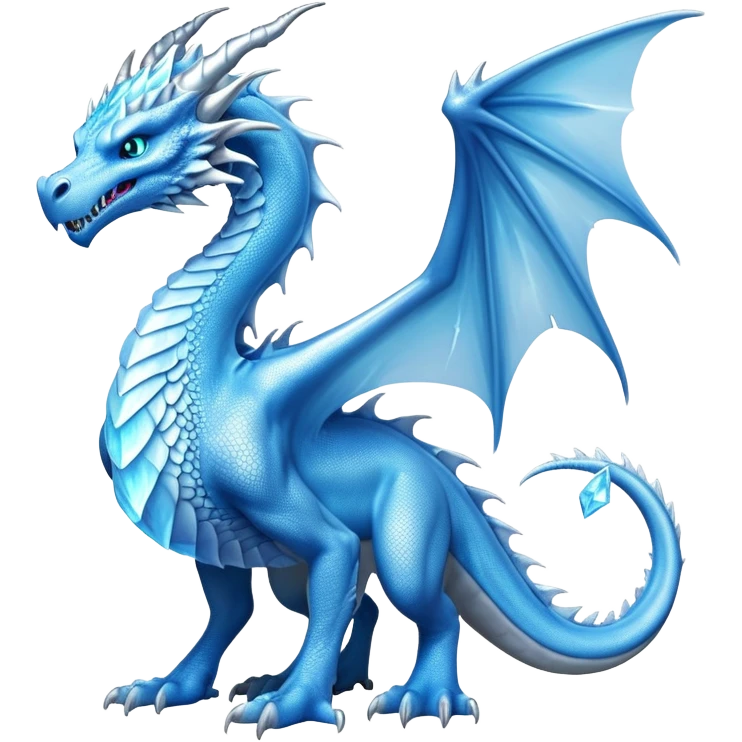 Cinematic Noble elegant Ice Dragon full body Emoji, Poised and imposing, distinct long elegant snout, with a slender, scaled body shimmering in glacial hues of icy blue, frostbitten silver, and crystalline white, breathing out frost, with piercing, glowing eyes that radiate the chilling depths of an arctic storm; rendered in detail. displaying its wings emoji