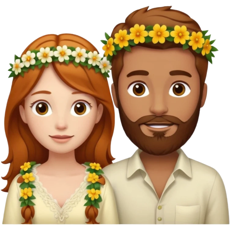 Ginger long hair girl,  brown hair men with beard on honeymoon emoji