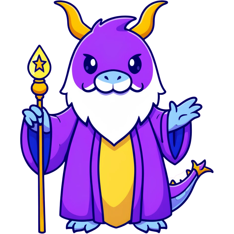 A wise old dragon wizard with a long beard, starry purple robes, and a glowing magic staff emoji