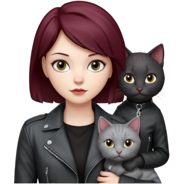 femme  yeux gris, cheveux court bordeaux, cuir noir, avec chat poils longs gris clair et chat poils ras noirs emoji