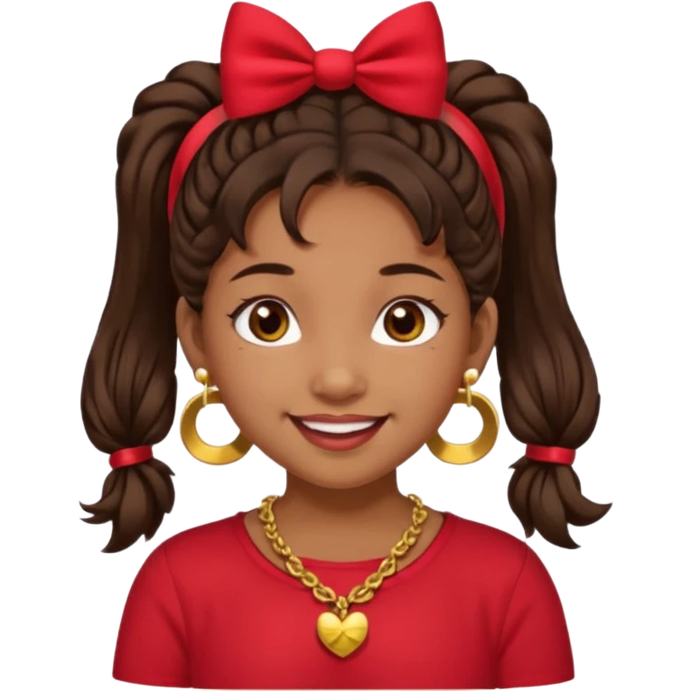 Brownskin girl dark brown hair fluffy. pigtails with red bows brown eyes smiling closed mouth red shirt gold esrrings gold necklace emoji