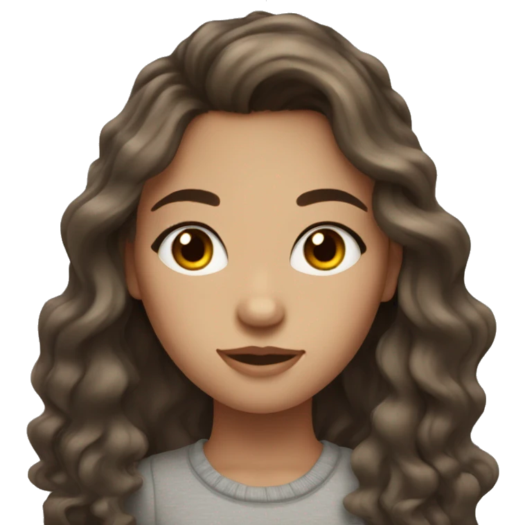 Girl with brown long brown wavy hair, freckles, long eyelashes and grey eyes emoji