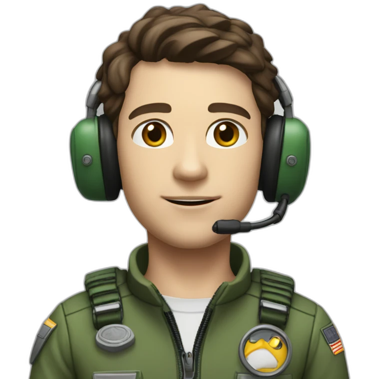 A young white male tennager with a thin face with dark brown hair and brown eyes in a pilot suit and wearing a green Pilot headset emoji