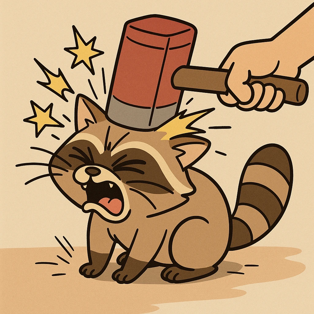 a little raccoon cat being hit by a hammer, exaggerated comic style emoji