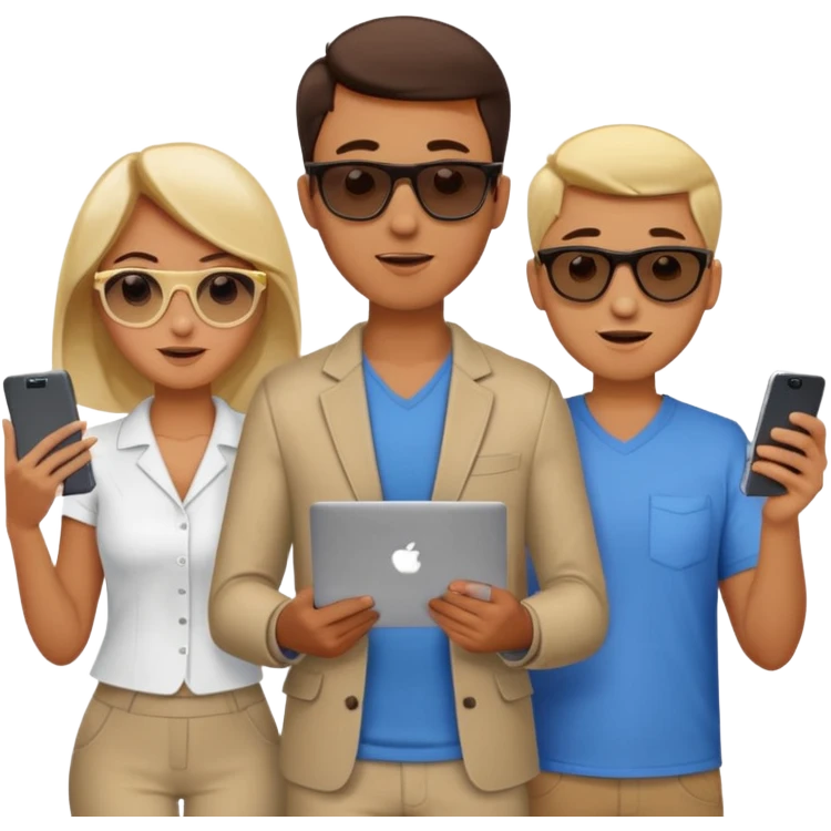 Команда в костюмах из трёх человек. на переднем палне Мужчина впереди общается по смартфону, дальше женщина слева стоит с ноубуком, мужчина справа держит бумаги. У всех людей разные, но позитивные эмоции. Все троя в солнцезащитных очках emoji