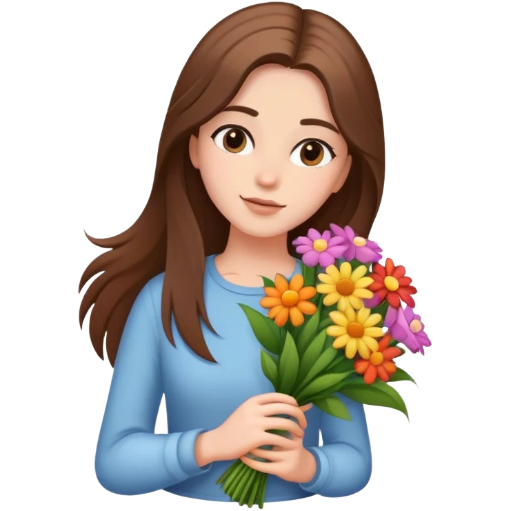 cool girl with long brown hair and fair skin tilting her head to the side while holding a bouquet of flowers emoji
