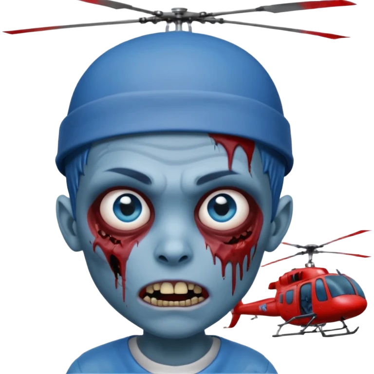 Zombie boy, with a blue face, blue eyes, brown hair and eyebrows, a sticking out fang, a bloody scratch on his face and a helicopter cap emoji