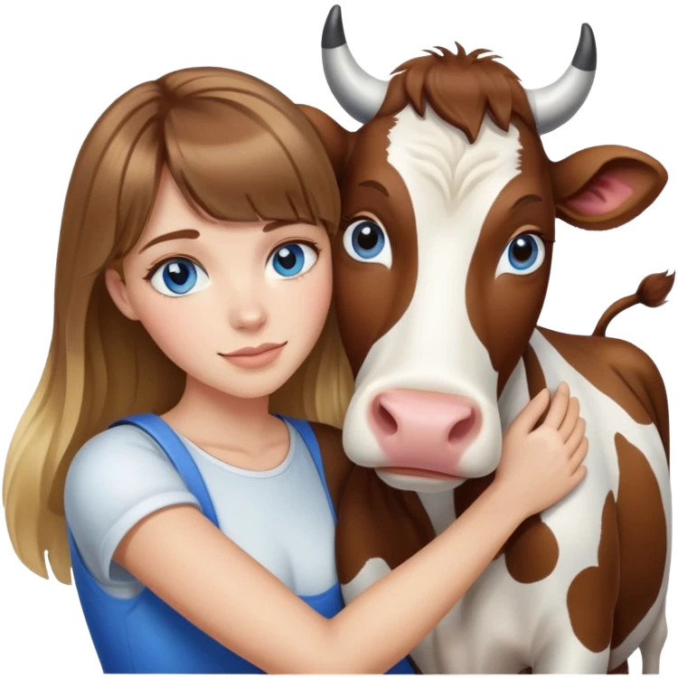 Woman with brown hair and blonde highlights, bangs in front, blue eyes, hugging a cow emoji