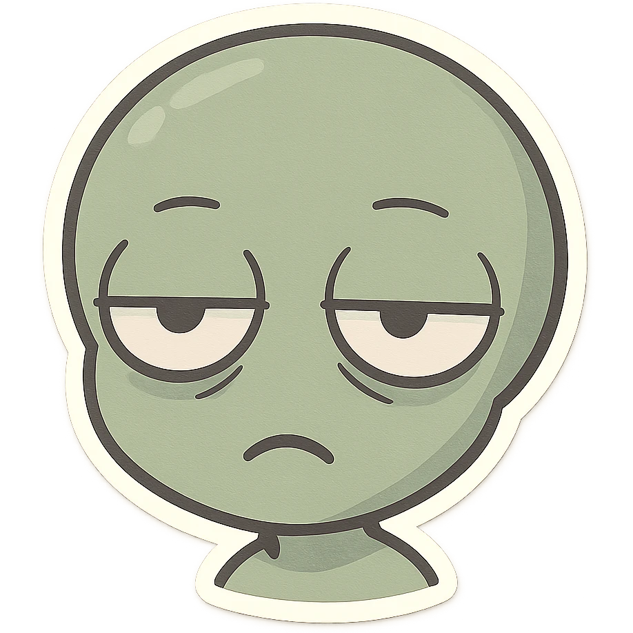 cute cartoon alien head showing boredom, chibi stickers style, muted colors, half-closed eyes, uninterested expression emoji