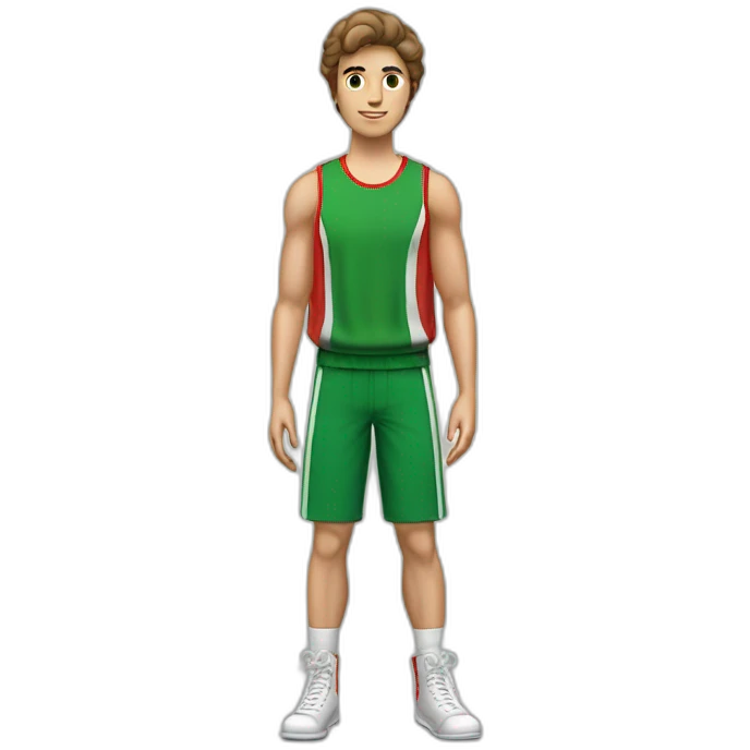 retro 70s red and green gym clothes for a modern white brunette uni male student emoji