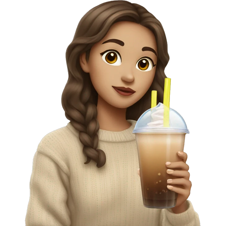 girl with brown hair in beige sweater drinking a bubble tea emoji