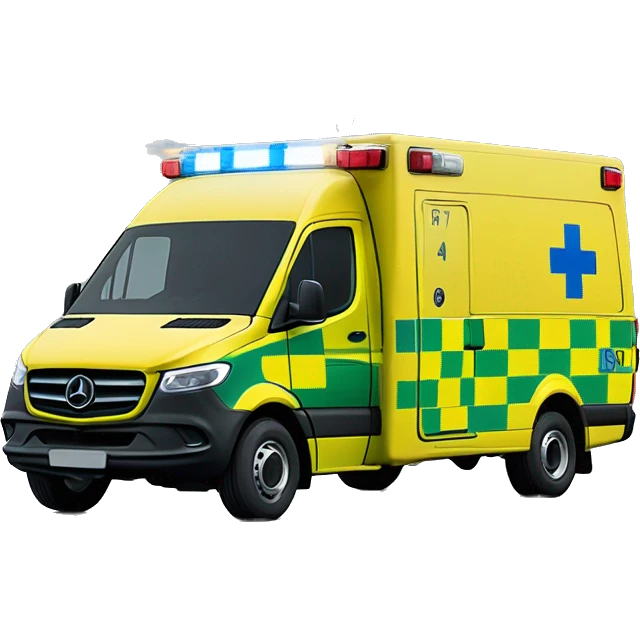 NHS Mercedez sprinter ambulance, yellow body, with green and yellow checkerboard strip along the bottom. NHS logo on the side. Blue flashing light strip on top emoji