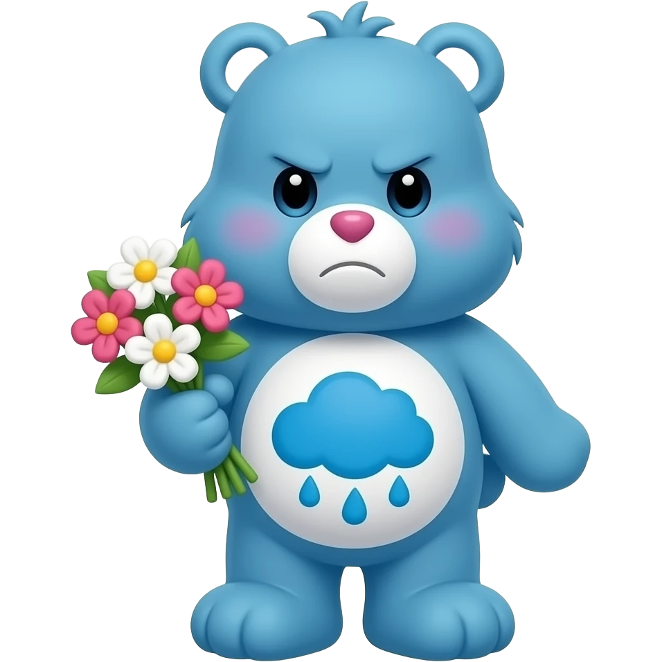 3D render iPhone emoji PNG of grumpy bear from Care Bears. Blue fur with white belly and a blue rain cloud in his stomach; holding a bouquet of flowers, adverting his eyes while blushing emoji